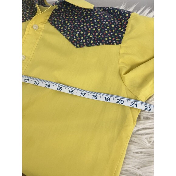 Vintage Retro Western Button Down Shirt Yellow Blue Ditzy Floral Single Stitch - Picture 7 of 12